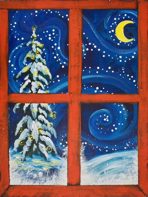 Christmas snowman original painting decor, mixed media, 4x4 canvas, deck the halls, whimsical. Red window christmas Snow scene Easy painting for ...