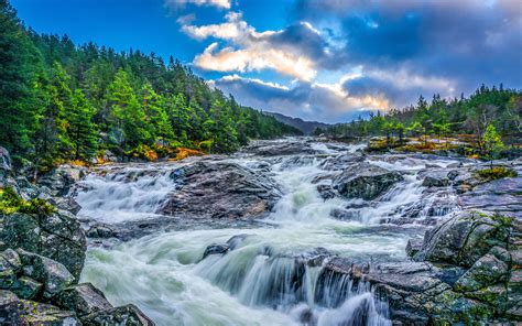 Mountain River Waterfall Riverbed With Rocks And Green Forest With Pine Trees Sky With Cloud