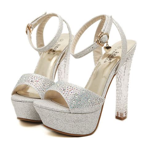 Gh Glittering Rhinestone Clear High Block Heel Platform Sandal On