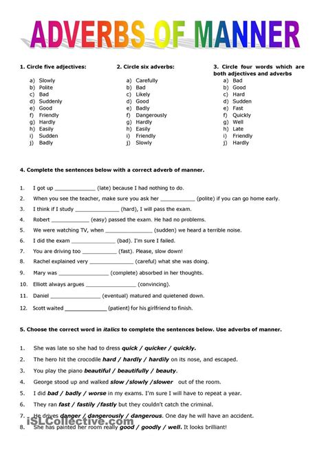 Adverbs Of Manner Adverbs Worksheet Adverbs Grammar Worksheets