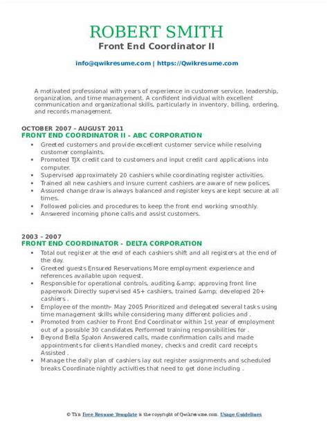 What is a curriculum vitae? Front End Coordinator Resume Samples | QwikResume
