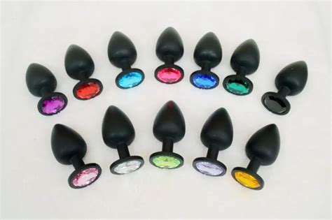 hot sale size s 6 8 2 8cm black silicone butt anal plug insert jeweled rhinestone with cloth bag