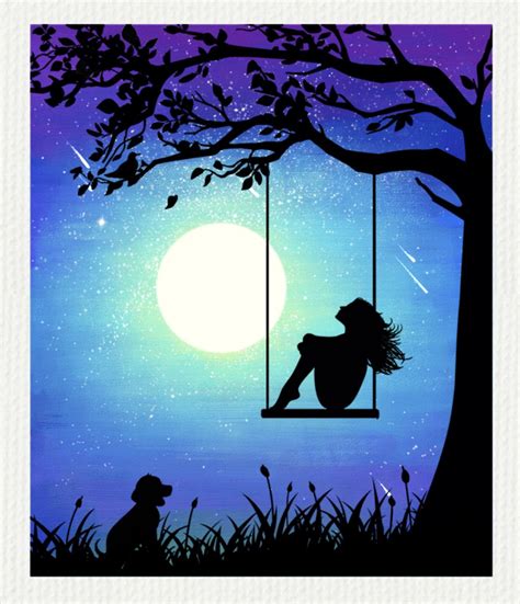 A Woman Sitting On A Swing Under A Tree At Night With The Moon In The