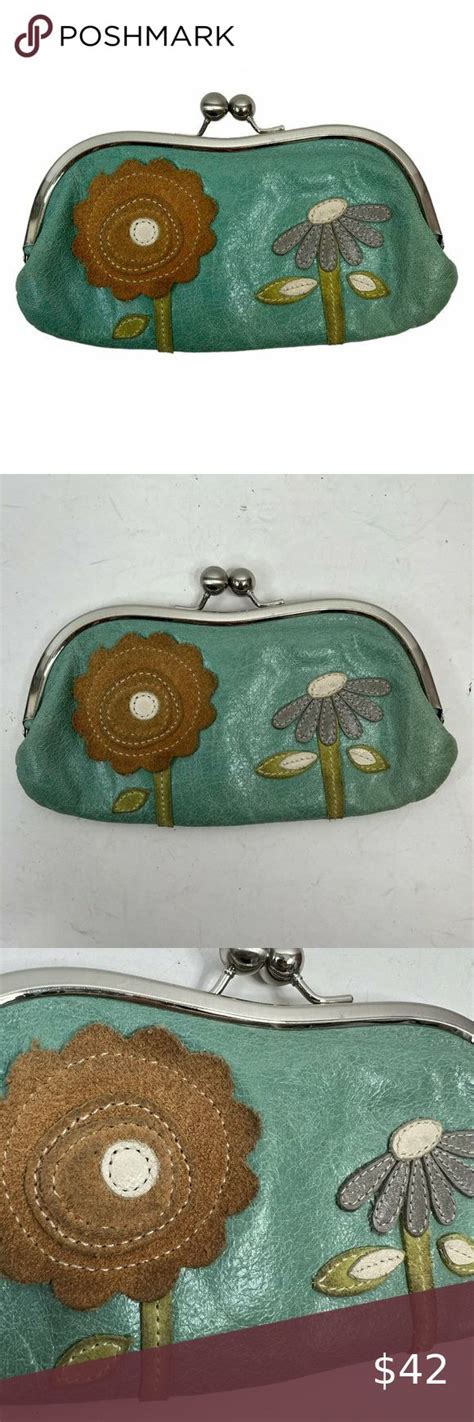 Fossil Frame Kiss Lock Floral Teal Leather Pouch Wallet Coin Purse