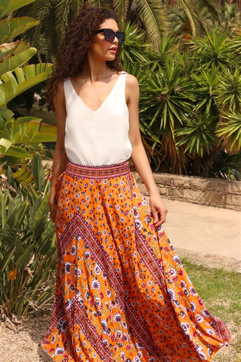 Boho Floral Print Maxi Skirt In Orange Roman Originals Uk