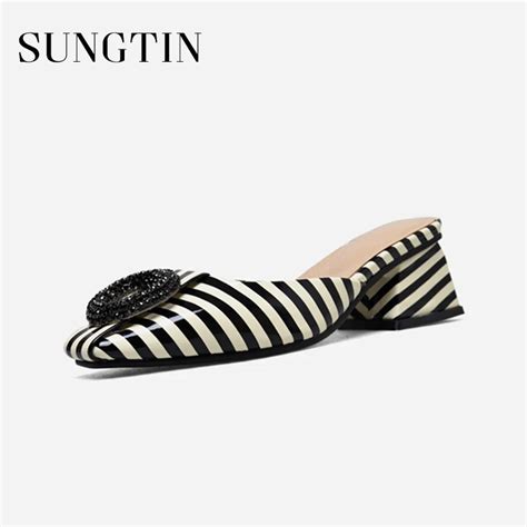Sungtin New Patent Leather Women Summer Slippers Woman Mid Heel Striped Slippers Ladies Crystal