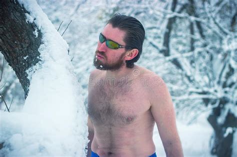 Hungry Northern Bearded Naked Man Devouring Snow Stock Photo Image