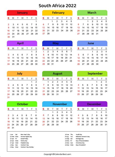 South Africa Holiday 2022 Best Printable Calendar