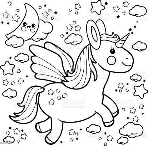 Cute Unicorn Flying In The Night Sky Coloring Book Page Stock