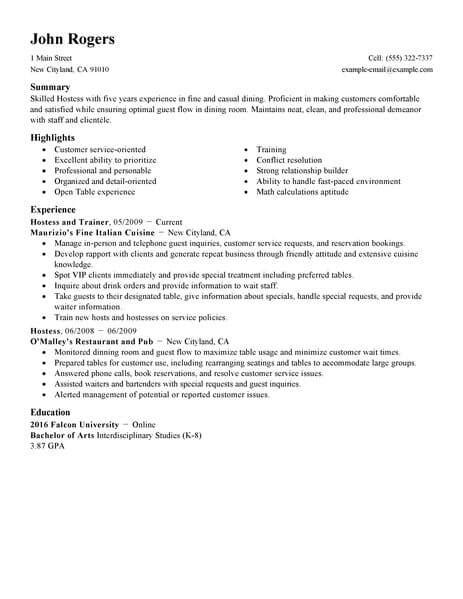 Best Host Hostess Resume Example From Professional Resume Writing Service