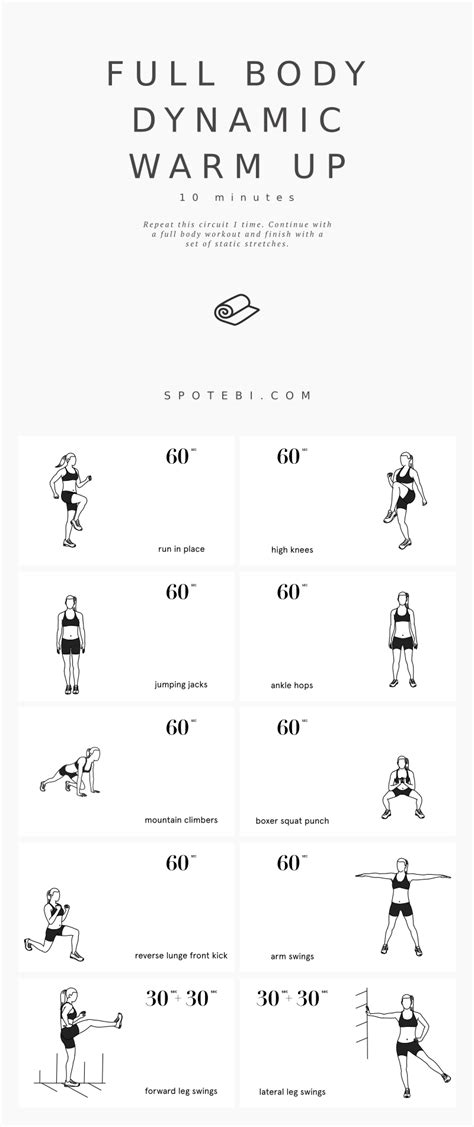 the full body dynamic warm up workout plan is shown in black and white with instructions for