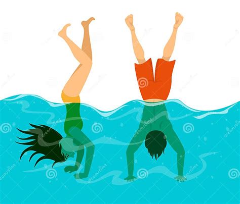 Man And Woman Have Fun In Swimming Pool Diving And Stand On Arms In