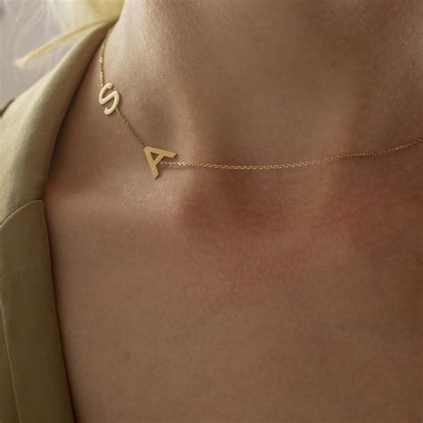 14K Solid Gold Sideways Initial Necklace Personalized Gifts Etsy