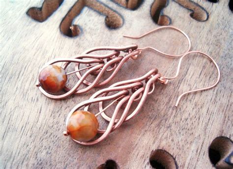 Wire Wrapped Earrings Copper And Fire Crackle Agate Gemstone