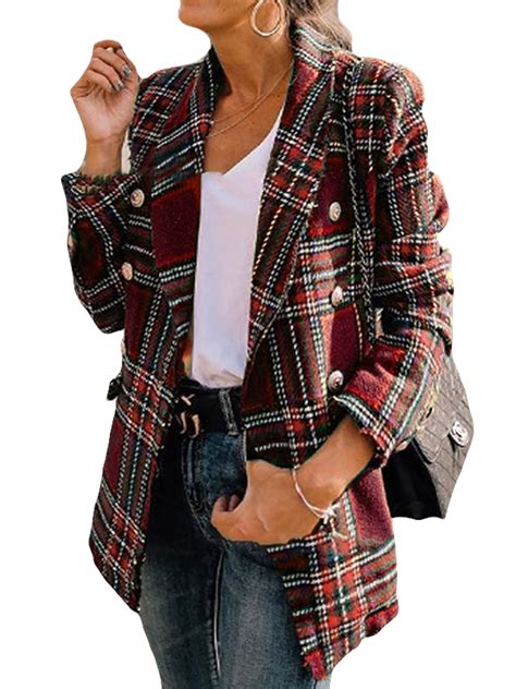 Sexy Dance Red Plaid Blazer Women Spring Autumn Double Breasted Vintage Tweed Suits Jackets