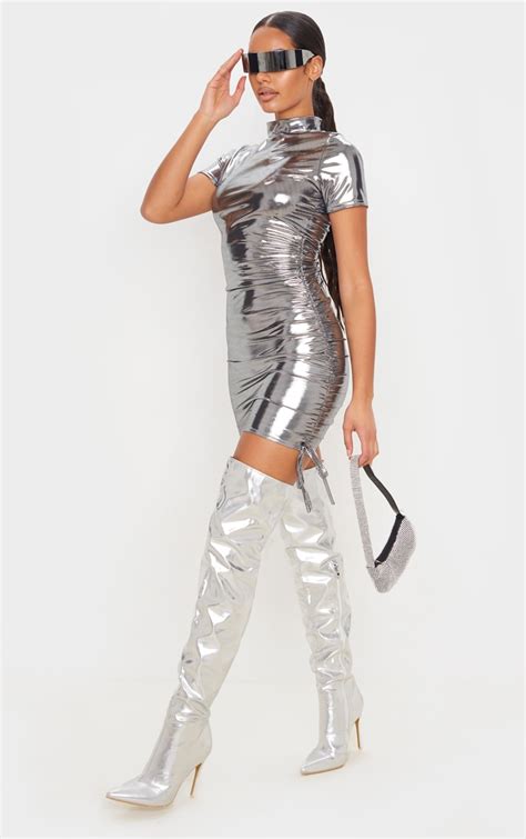 Silver Metallic Short Sleeve Ruched Bodycon Dress Prettylittlething