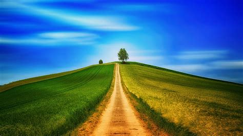 Hd Wallpaper Road In Between Green Field Under Blue Sky Away Hill