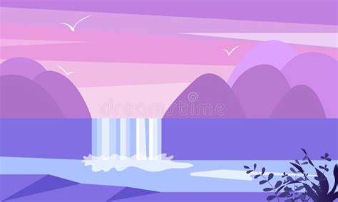 Cute Flat Landscape Illustration With Mountain Waterfall And Lake