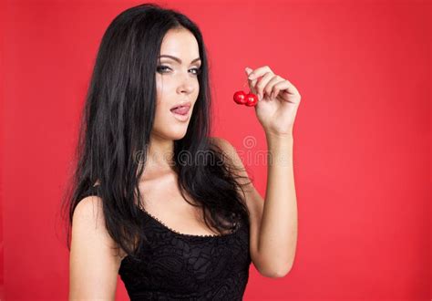 Beautiful Brunette Woman With Cherry Stock Image Image Of Healthy Celebrity