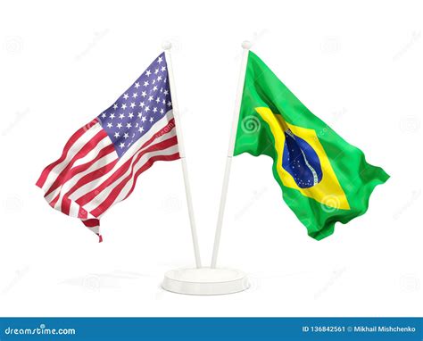 Duas Bandeiras De Ondulação Do Estados Unidos E Do Brasil Ilustração Stock Ilustração De