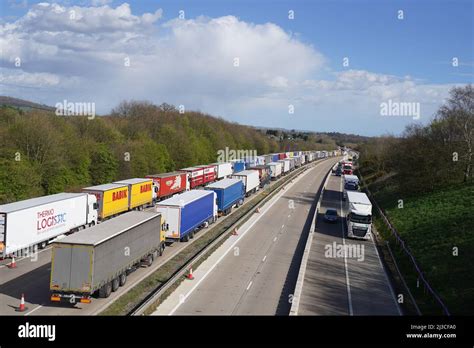 Lorries Queued In Operation Brock On The M20 Near Ashford In Kent As Freight Delays Continue At