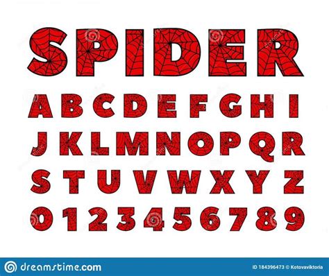 Spider Font. Spiderman Alphabet. Black Letters On Red Background. Stock