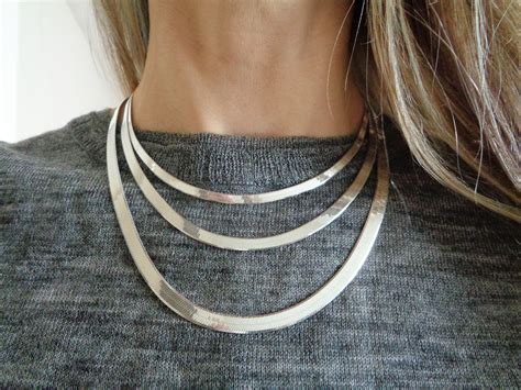 Silver Herringbone Necklace Flat Snake Layering Chain 925 Etsy