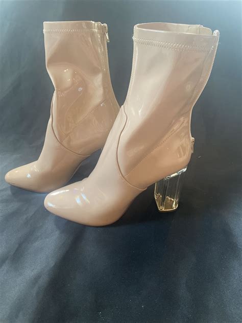 Liliana Nude Latex Booties With Thick Clear Heels Gem