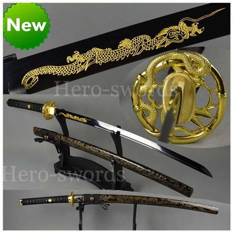 Etching Gold Dragon Japanese Samurai Sword T1095 Katana Full Tang Black
