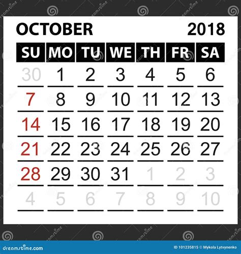 Calendar Sheet October 2018 Stock Vector Illustration Of Season