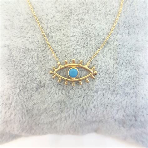 K Real Solid Gold Turquoise Evil Eye Pendant Necklace For Women