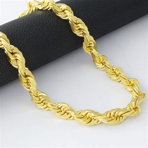 Solid 14K Yellow Gold 7mm Thick Wide Diamond Cut Rope Chain Necklace