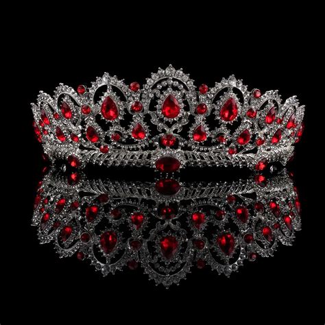 Ifumud Baroque Red Crown Crystal Bridal Tiaras Vintage Silver Hair