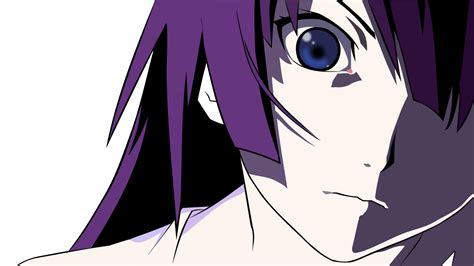 Wallpaper Monogatari Series Senjougahara Hitagi Anime Girls Face Purple Hair Blue Eyes