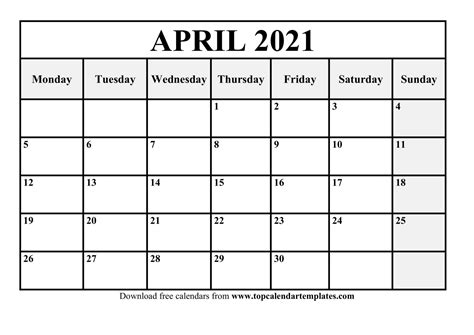 Month Of April 2021 Free Printable Calendar Monthly