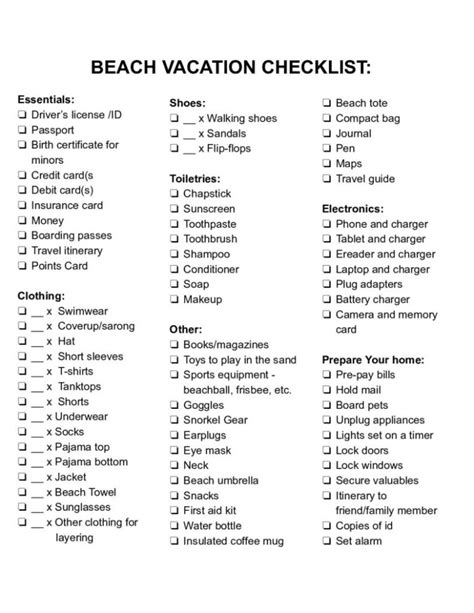 Beach Vacation Checklist Printable