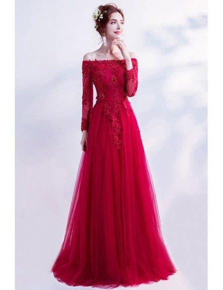 Elegant Long Red Lace Prom Dress With Off Shoulder Long Sleeves Wholesale T69356