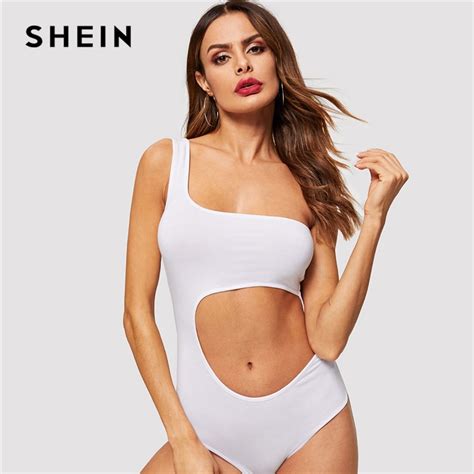 Shein White Sexy Solid Asymmetrical Neck Bodysuit Sleeveless Plain Skinny 2019 Women Summer