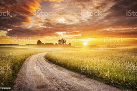 Morning Country Road Through The Foggy Landscape Colorful Sunrise Stock