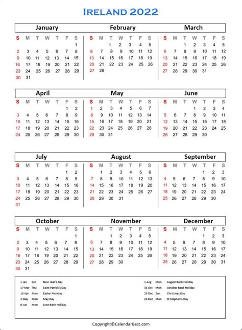 Ireland Holiday Calendar 2022 Free Printable Calendar 2023