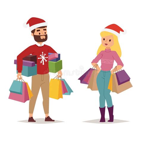 Christmas Shopping People Vector Stock Vector Illustration Of Happy