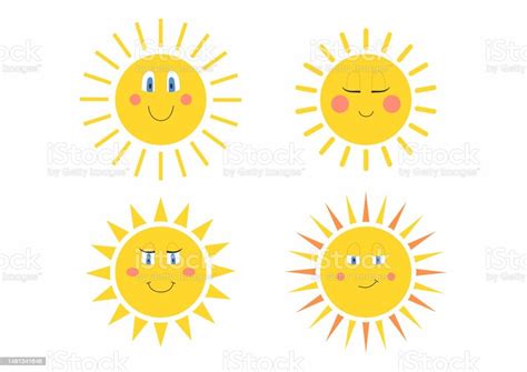Ilustración De Lindos Soles Emoji De Sol Lindas Caras Sonrientes Iconos