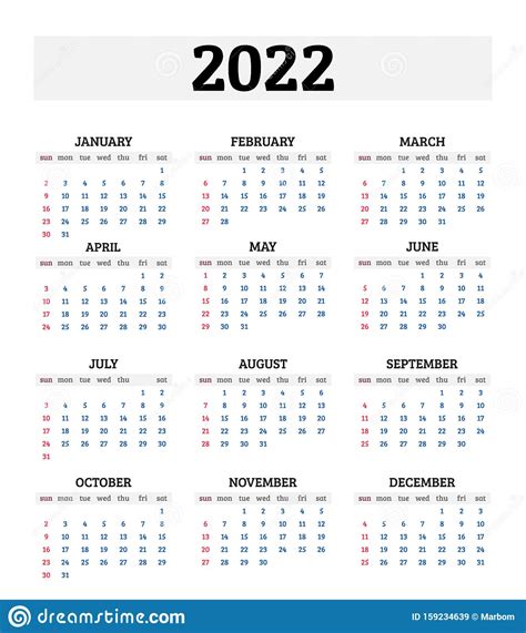 2022 Annual Calendar Vector Illustration Stock Vector Illustration