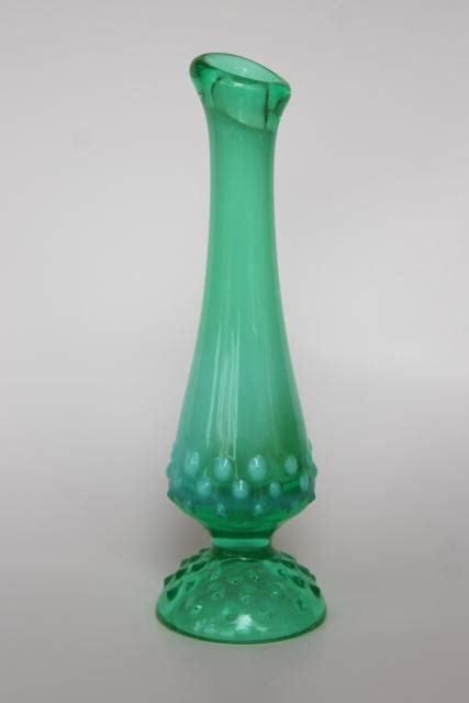 Vintage Fenton Green Opalescent Glass Hobnail Pattern Bud Vase