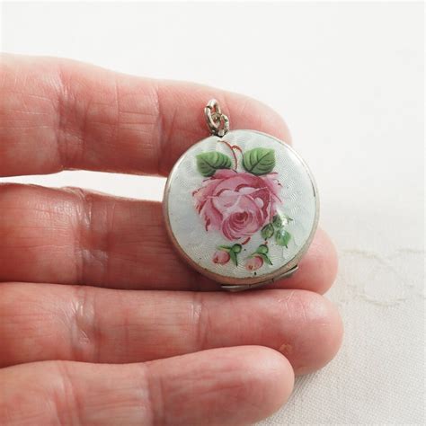 Vintage 1930s 800 Silver And Enamel Locket Guilloche And Hand Painted