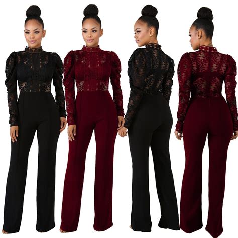 Women Sexy Stand Collar Lace Wide Leg Jumpsuit Fashion Long Sleeve