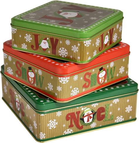 Square Christmas Cookie Tins Nesting Boxes Set Of 3 Designs Holiday Containers Party Favor