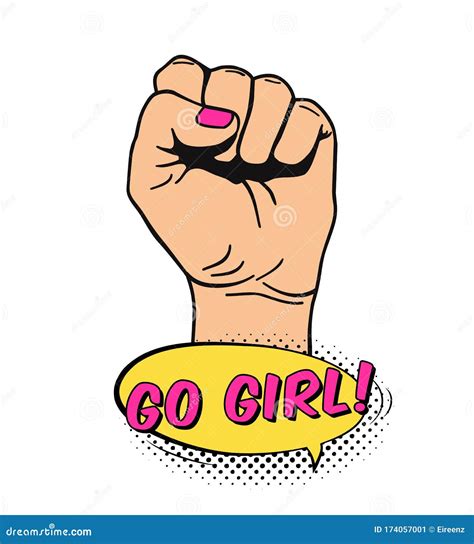 Vector Illustration Of Raised Women`s Fist In Pop Art Comic Style Placard With Women`s Rights
