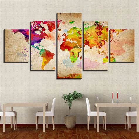 Modern 5 Panel World Abstract Colorful Map Canvas Painting Home Wall