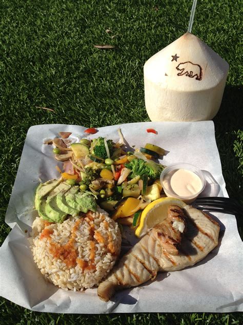 Grilled Fish Plate With Brown Rice And Veggies From Bear Flag Fish Co
